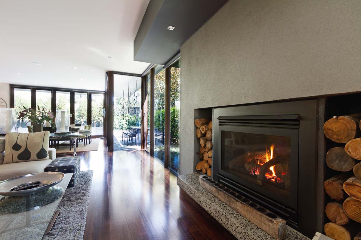 Cosy gas log fire in architect designed modern luxury open plan family home, gas log fires Geelong, gas log fires Ballarat